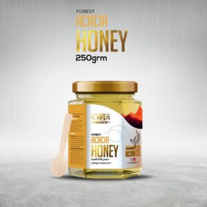 A jar of Acacia honey with a wooden spoon, 250g