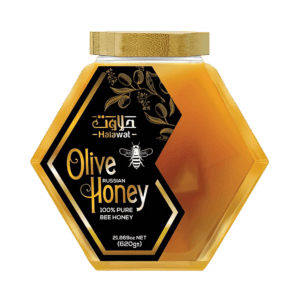 Hexagonal jar of Russian Olive Honey with a golden lid and a black label featuring gold text and illustrations of olives and bees.
